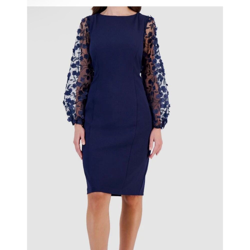 NWT Eliza J Navy 3D Floral Appliqué Sheath Dress Balloon Sleeve Size 8